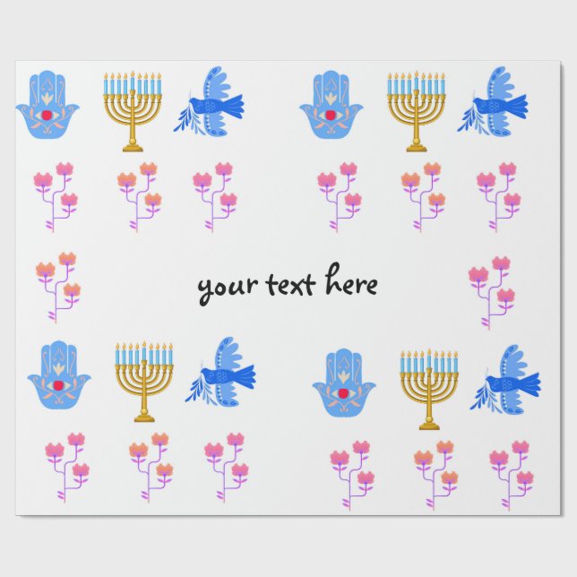 Hanukkah Wrapping Paper – Menorah, Hamsa, Dove (Flat)