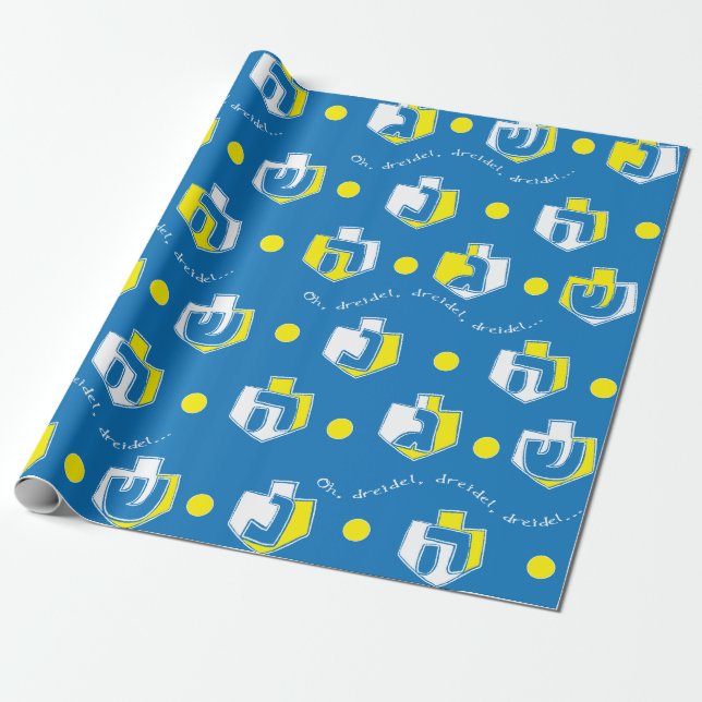Hanukkah Wrapping Paper "Oh, Dreidel..." Gold/Blue (Unrolled)