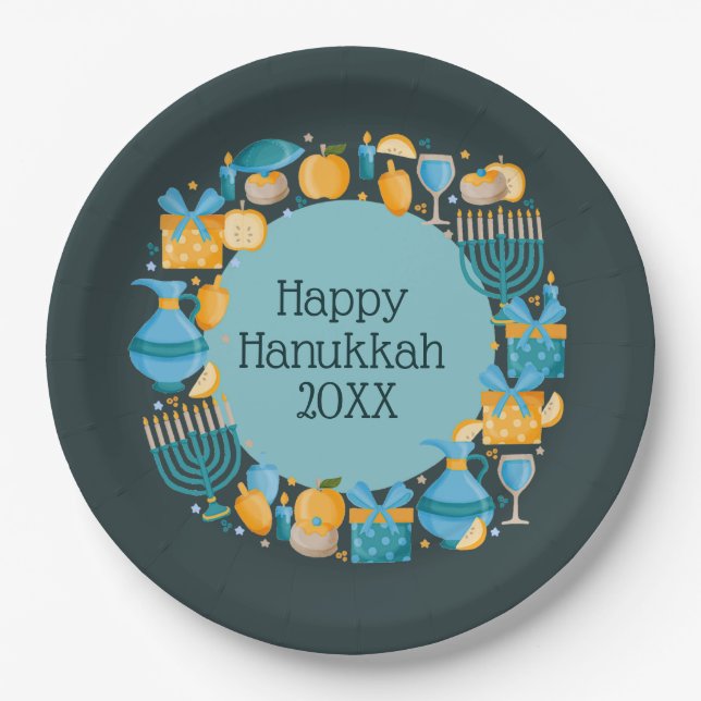 Hanukkah Wreath Blue Paper Plates (Front)