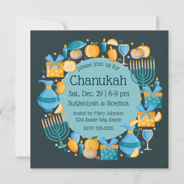 Hanukkah Wreath Blue Party Invitation (Front)