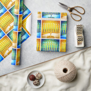Hanukkah Yellow Blue Menorahs Pattern Modern Chic Wrapping Paper