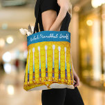 Hanukkah Yellow Gold Menorah Modern Custom Name Tote Bag<br><div class="desc">A close-up photo of a bright, colorful, yellow gold artsy menorah photo helps you usher in the holiday of Hanukkah in style. Feel the warmth and joy of the holiday season whenever you use this stunning, colorful Hanukkah personalized name tote bag. Matching cards, stickers, serving trays, and other products are...</div>