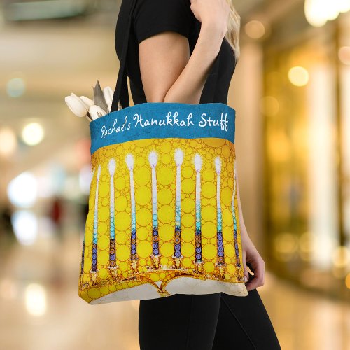 Hanukkah Yellow Gold Menorah Modern Custom Name Tote Bag