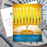 Hanukkah Yellow Gold Menorah Script Teal Stylish Holiday Postcard<br><div class="desc">“Peace, Love, Hanukkah”. A close-up photo illustration of a bright, colorful, yellow gold artsy menorah on a textured teal blue background helps you usher in the holiday of Hanukkah. Feel the warmth and joy of the holiday season whenever you send this stunning, colorful Hanukkah greeting postcard. Matching envelopes, stickers, tote...</div>