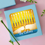 Hanukkah Yellow Gold Menorah Teal Blue Custom Name Square Sticker<br><div class="desc">A close-up photo of a bright, colorful, yellow gold artsy menorah photo helps you usher in the holiday of Hanukkah. Feel the warmth and joy of the holiday season whenever you use this stunning, colorful Hanukkah sticker. Matching cards, stamps, tote bags, serving trays, and other products are available in my...</div>