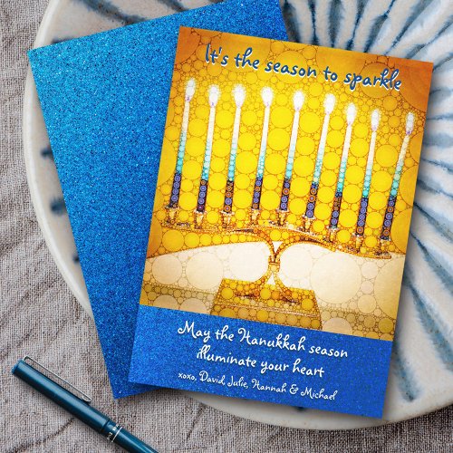 Hanukkah Yellow Menorah Season To Sparkle Script Holiday Card