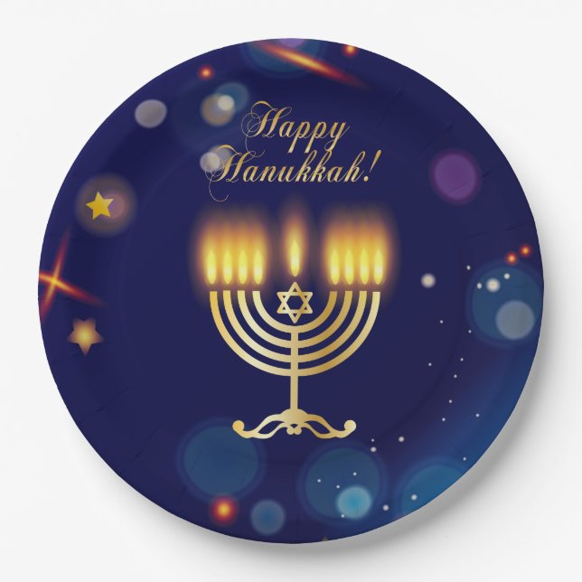 Hanukkiah Happy Hanukkah Jewish Gold Menorah Paper Plates (Front)