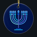 Hanukkiah Happy Hanukkah Jewish Holiday Menorah Ceramic Ornament<br><div class="desc">Hanukkiah Symbol. Happy Hanukkah Party Jewish Holiday Blue Menorah. Jewish Holiday Chanukkah Decoration with traditional Chanuka decorative symbol - Navy Blue color hanukkiah menorah, candlestick with candles, star of David and neon blue glowing lights illustration. Hanukkah Festival of lights Event Decoration. Jerusalem, Israel.Home > Home Décor > Christmas Décor >...</div>