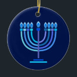 Hanukkiah Happy Hanukkah Jewish Holiday Menorah Ceramic Ornament<br><div class="desc">Hanukkiah Symbol. Happy Hanukkah Party Jewish Holiday Blue Menorah. Jewish Holiday Chanukkah Decoration with traditional Chanuka decorative symbol - Navy Blue color hanukkiah menorah, candlestick with candles, star of David and neon blue glowing lights illustration. Hanukkah Festival of lights Event Decoration. Jerusalem, Israel.Home > Home Décor > Christmas Décor >...</div>