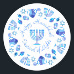 Hanukkiah Happy Hanukkah Jewish Holiday Menorah Classic Round Sticker<br><div class="desc">Hanukkiah Symbol. Happy Hanukkah Party Jewish Holiday Blue Menorah. Jewish Holiday Chanukkah Decoration with traditional Chanuka decorative symbol - Navy Blue color hanukkiah menorah, candlestick with candles, star of David and neon blue glowing lights illustration. Hanukkah Festival of lights Event Decoration. Jerusalem, Israel. Crafts & Party Supplies > Gift Wrapping...</div>
