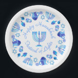 Hanukkiah Happy Hanukkah Jewish Holiday Menorah Paper Plates<br><div class="desc">Hanukkiah Symbol. Happy Hanukkah Party Jewish Holiday Blue Menorah. Jewish Holiday Chanukkah Decoration with traditional Chanuka decorative symbol - Navy Blue color hanukkiah menorah, candlestick with candles, star of David and neon blue glowing lights illustration. Hanukkah Festival of lights Event Decoration. Jerusalem, Israel. Crafts & Party Supplies > Party Supplies...</div>