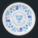 Hanukkiah Happy Hanukkah Jewish Holiday Menorah Paper Plates<br><div class="desc">Hanukkiah Symbol. Happy Hanukkah Party Jewish Holiday Blue Menorah. Jewish Holiday Chanukkah Decoration with traditional Chanuka decorative symbol - Navy Blue color hanukkiah menorah, candlestick with candles, star of David and neon blue glowing lights illustration. Hanukkah Festival of lights Event Decoration. Jerusalem, Israel. Crafts & Party Supplies > Party Supplies...</div>
