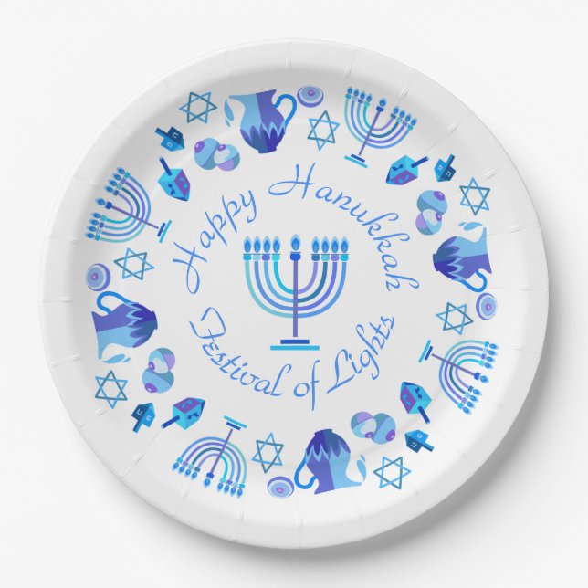 Hanukkiah Happy Hanukkah Jewish Holiday Menorah Paper Plates (Front)