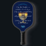 Hanukkiah Happy Hanukkah Jewish Holiday Menorah Pickleball Paddle<br><div class="desc">Hanukkiah Menorah Symbol with Monogram. Happy Hanukkah Party Jewish Holiday Hanukkiah. Jewish Holiday Chanukkah Decoration with traditional Chanukah decorative symbol - hanukkiah menorah, candlestick with candles, star of David and spinning top, donuts Navy Blue color pattern illustration. Hanukkah Festival of lights Event Decoration. Jerusalem, Israel. Sports, Toys & Games >...</div>
