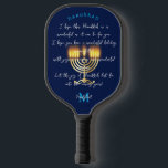 Hanukkiah Happy Hanukkah Jewish Holiday Menorah Pickleball Paddle<br><div class="desc">Hanukkiah Menorah Symbol with Monogram. Happy Hanukkah Party Jewish Holiday Hanukkiah. Jewish Holiday Chanukkah Decoration with traditional Chanukah decorative symbol - hanukkiah menorah, candlestick with candles, star of David and spinning top, donuts Navy Blue color pattern illustration. Hanukkah Festival of lights Event Decoration. Jerusalem, Israel. Sports, Toys & Games >...</div>