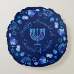 Hanukkiah Happy Hanukkah Jewish Holiday Menorah Round Pillow<br><div class="desc">Hanukkiah Symbol. Happy Hanukkah Party Jewish Holiday Blue Menorah. Jewish Holiday Chanukkah Decoration with traditional Chanuka decorative symbol - Navy Blue color hanukkiah menorah, candlestick with candles, star of David and neon blue glowing lights illustration. Hanukkah Festival of lights Event Decoration. Jerusalem, Israel. Home > Home Décor > Pillows &...</div>