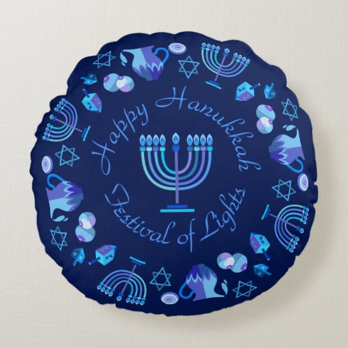 Hanukkiah Happy Hanukkah Jewish Holiday Menorah Round Pillow