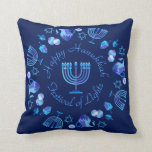 Hanukkiah Happy Hanukkah Jewish Holiday Menorah Throw Pillow<br><div class="desc">Hanukkiah Symbol. Happy Hanukkah Party Jewish Holiday Blue Menorah. Jewish Holiday Chanukkah Decoration with traditional Chanuka decorative symbol - Navy Blue color hanukkiah menorah, candlestick with candles, star of David and neon blue glowing lights illustration. Hanukkah Festival of lights Event Decoration. Jerusalem, Israel. Home > Home Décor > Pillows &...</div>