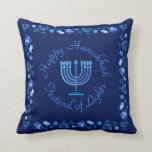 Hanukkiah Happy Hanukkah Jewish Holiday Menorah Throw Pillow<br><div class="desc">Hanukkiah Symbol. Happy Hanukkah Party Jewish Holiday Blue Menorah. Jewish Holiday Chanukkah Decoration with traditional Chanuka decorative symbol - Navy Blue color hanukkiah menorah, candlestick with candles, star of David and neon blue glowing lights illustration. Hanukkah Festival of lights Event Decoration. Jerusalem, Israel. Home > Home Décor > Pillows &...</div>