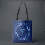 Hanukkiah Happy Hanukkah Jewish Holiday Menorah Tote Bag<br><div class="desc">Hanukkiah Symbol. Happy Hanukkah Party Jewish Holiday Blue Menorah. Jewish Holiday Chanukkah Decoration with traditional Chanuka decorative symbol - Navy Blue color hanukkiah menorah, candlestick with candles, star of David and neon blue glowing lights illustration. Hanukkah Festival of lights Event Decoration. Jerusalem, Israel. Accessories > Bags & Wallets > Totes...</div>