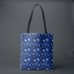 Hanukkiah Happy Hanukkah Jewish Holiday Menorah Tote Bag<br><div class="desc">Hanukkiah Symbol. Happy Hanukkah Party Jewish Holiday Blue Menorah Pattern. Jewish Holiday Chanukkah Decoration with traditional Chanuka decorative symbol - Navy Blue color hanukkiah menorah, candlestick with candles, star of David and neon blue glowing lights illustration. Hanukkah Festival of lights Event Decoration. Jerusalem, Israel. Accessories > Bags & Wallets >...</div>