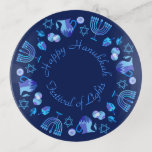 Hanukkiah Happy Hanukkah Jewish Holiday Menorah Trinket Tray<br><div class="desc">Hanukkiah Symbol. Happy Hanukkah Party Jewish Holiday Blue Menorah. Jewish Holiday Chanukkah Decoration with traditional Chanuka decorative symbol - Navy Blue color hanukkiah menorah, candlestick with candles, star of David and neon blue glowing lights illustration. Hanukkah Festival of lights Event Decoration. Jerusalem, Israel. Home > Home Décor > Home Accents...</div>