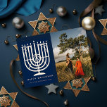 Hanukkiah Menorah Happy Hanukkah Photo Navy Foil Holiday Card<br><div class="desc">Illustrated menorah (hanukkiah) and "Happy Hanukkah" in real foil. Add a message or more photos to the back side. Choose from gold,  silver or rose gold foil</div>