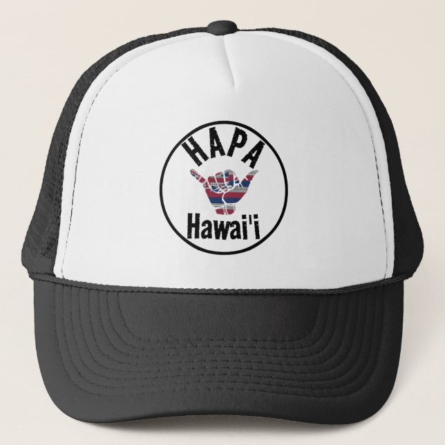 HAPA HAWAII TRIBAL HI Flag SHAKA Trucker Hat (Front)