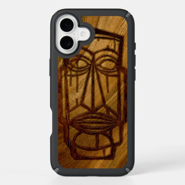 Hapalua Tiki Hawaiian Faux Koa Wood Speck iPhone Case (Front)