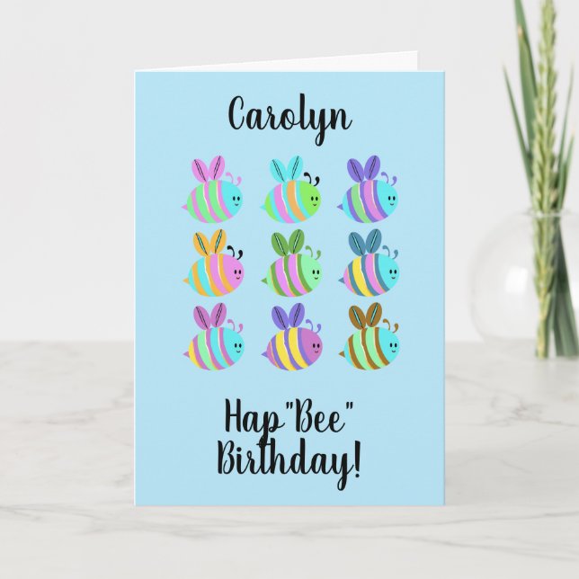 HapBee Birthday, cute colored bee personalized  Card (Front)