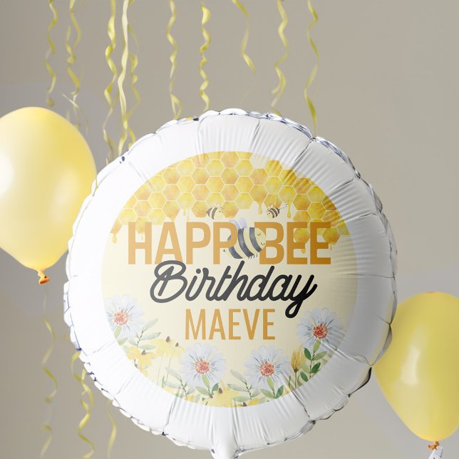 Happ-Bee Birthday Bee Honeycomb Kids Name Balloon (Bee themed birthday party balloon with kids name, honeycomb and bees)