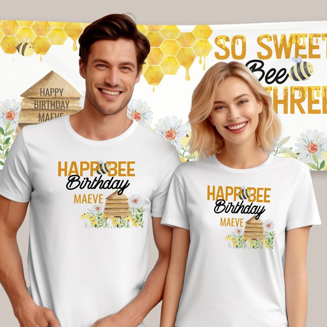 Happ-Bee Birthday Bee Pun Bumblebee and Beehive T-Shirt (Bee themed birthday t-shirts for  mom and dad with personalized bee pun, Happ-Bee Birthday)