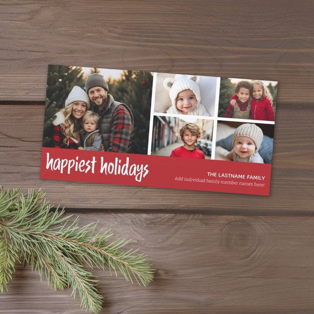 Happiest - 5 Photo Collage Red white Pattern Holiday Card (Add 5 photos to this Christmas card design that has a download option.)