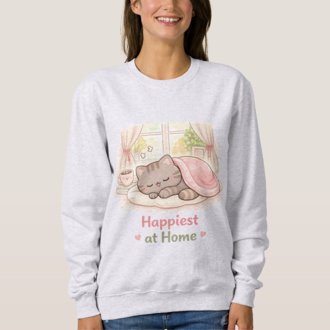Happiest at Home Kawaii Cute Kitty Cat Homebody Sweatshirt (Front)