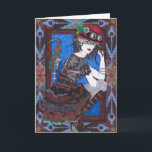 Happiest Birthday Card - SF 09<br><div class="desc">Steampunk Woman with black,  grey,  brown dress with green trim. Red and green bird. Red hat with green feathers. Blue,  brown,  black background.</div>