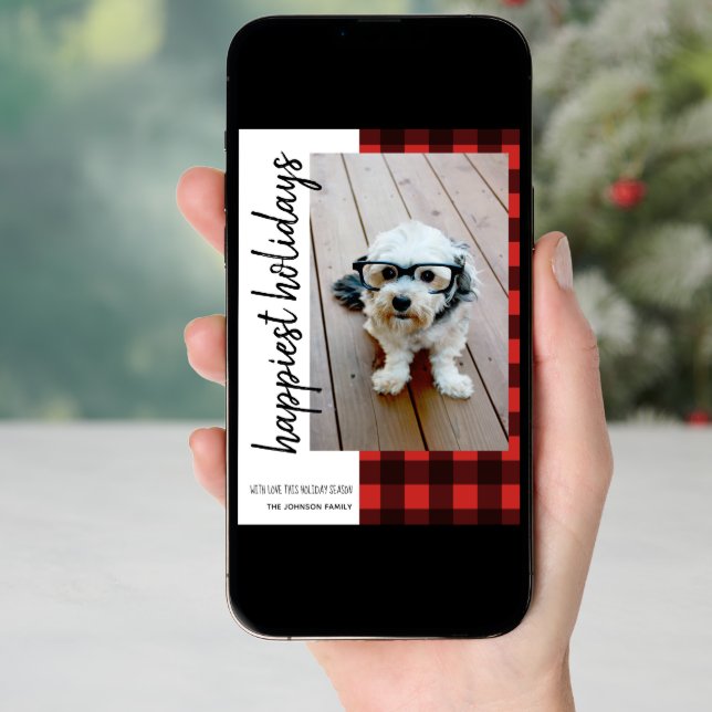 Happiest Christmas 1 Photo Red Black Buffalo Plaid Holiday Card (Front Digital)