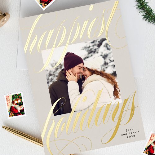 happiest christmas calligraphy one photo beige foil holiday card