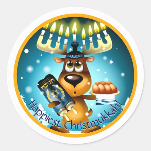 Happiest Christmukkah Hanukkah Christmas Reindeer Classic Round Sticker