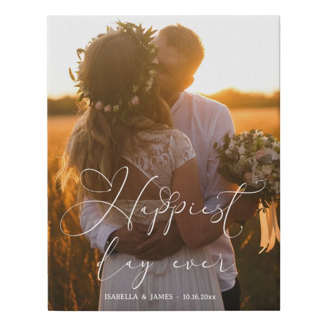Happiest Day Elegant Calligraphy Wedding Photo Faux Canvas Print (Front)