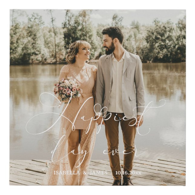 Happiest Day Elegant Calligraphy Wedding Photo Faux Canvas Print (Front)