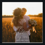 Happiest Day Ever Elegant Calligraphy Wedding  Acrylic Print<br><div class="desc">An exquisite wedding photo print featuring your beautiful wedding photographs. An elegant white calligraphy overlay 'happiest day ever', embellished with decorative heart flourishes, graces the image with personalized text of the couple's name and wedding date creating a timeless and intimate feel. The text is delicately placed across the photo, and...</div>