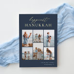 Happiest Hanukkah Elegant 6 Photo Collage Foil Holiday Card<br><div class="desc">Share cheer with these modern Hanukkah holiday cards featuring 6 of your favorite photos in a grid collage layout. "Happiest Hanukkah" appears at the top in gold foil hand lettered calligraphy and classic serif lettering on a navy blue background. Personalize with your family name and the year at the lower...</div>
