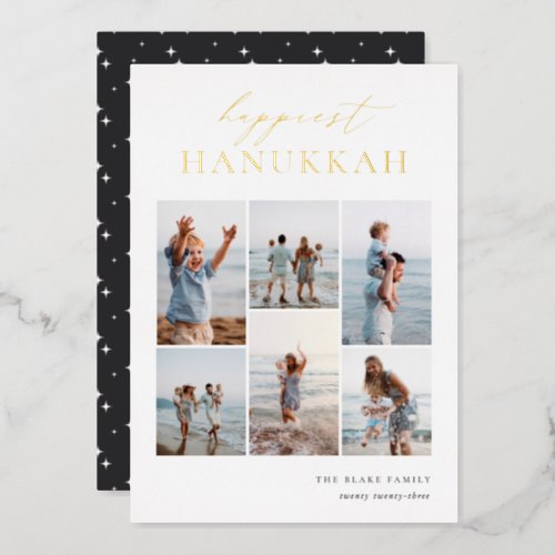 Happiest Hanukkah Elegant 6 Photo Collage Foil Holiday Card