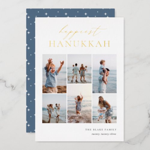 Happiest Hanukkah Elegant 6 Photo Collage Foil Holiday Card