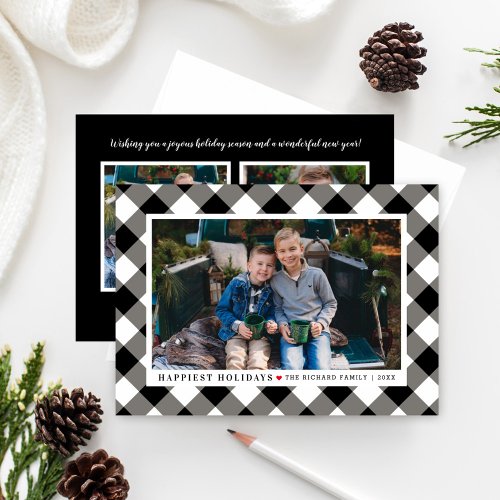 Happiest Holidays Black Buffalo Plaid Photo Holiday Card