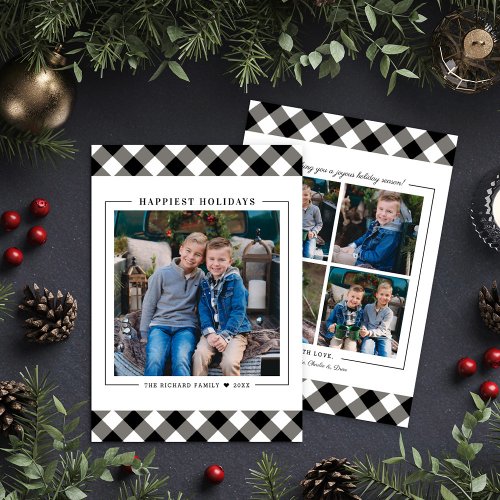 Happiest Holidays Black Buffalo Plaid Photo Holiday Card