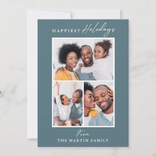 Happiest Holidays Blue Three Photo Collage Holiday Card