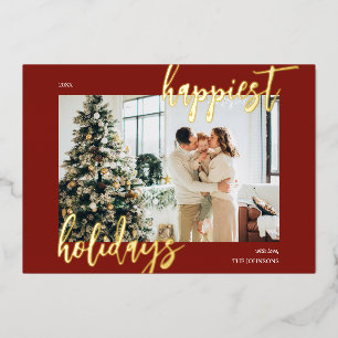 Happiest Holidays Brush Script Photo Red Foil Holiday Card