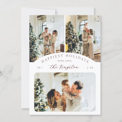 Happiest Holidays  Burgundy 3 Photo Collage Holiday Card