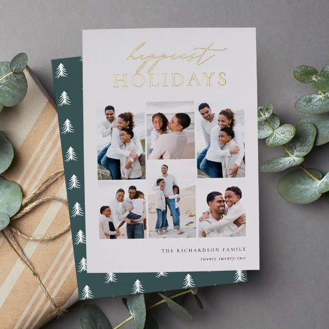Happiest Holidays Elegant 6 Photo Collage Foil Holiday Card (Creator Uploaded)